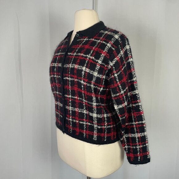 Vintage Cardigan Sweater Womens Size Large Black Red Check Plaid Mohair Wool 90s - Picture 5 of 11
